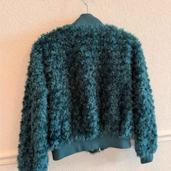 Anthropologie Teal Faux Fur Bomber Jacket - Picture 5 of 7